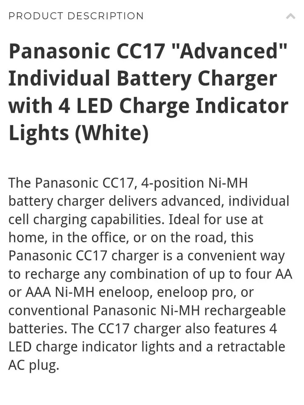 Panasonic White BQ-CC17 Dual Ni-MH 4-Slot Battery Chargers